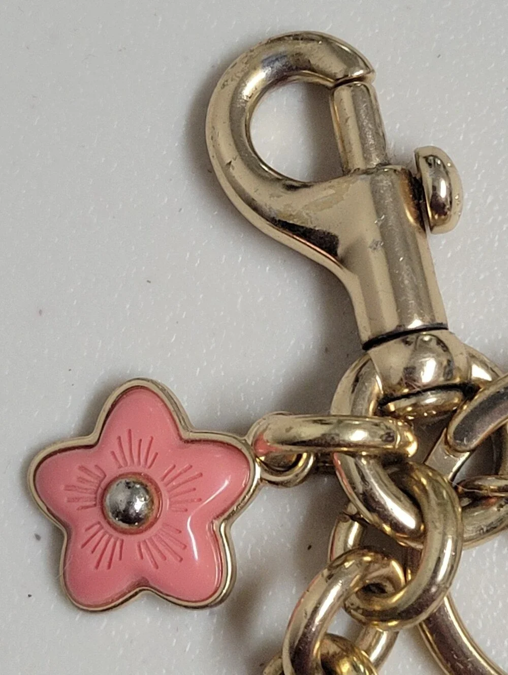 Coach Signature C Logo Pink Tea Rose Flower Bag Charm Keychain Goldtone.